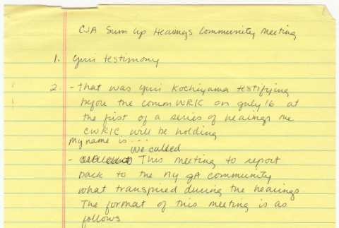 Handwritten notes on CJA Sum Up Hearings Community meeting (ddr-densho-352-32)