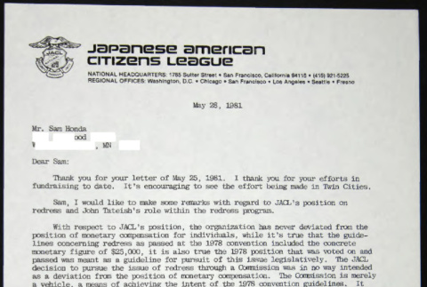 Letter to Sam Honda from Bill Yoshino (ddr-chijacl-1-634)