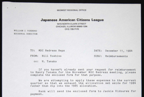 Memo to MDC Redress Reps from Bill Yoshino (ddr-chijacl-1-254)