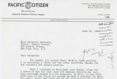 Letter from Larry Tajiri to Margaret Anderson, editor of Common Ground (ddr-densho-338-434)