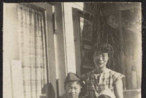 Agnes, David, Chester Jr. and Gerald Sakura on sidewalk (ddr-densho-523-153)
