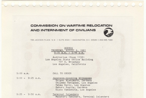 Agenda for the Commission on Wartime Relocation and Internment of Civilians (ddr-densho-346-237)