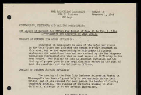 WRA digest of current job offers for period of Jan. 11 to Feb. 1, 1944, Minneapolis, Minnesota and Eastern North Dakota (ddr-csujad-55-819)