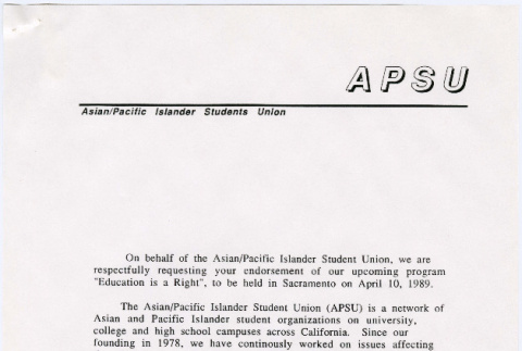 Asian/Pacific Islander Student Union request for endorsement for Spring Action '89 (ddr-densho-444-26)