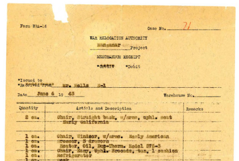 Memorandum receipt, Form WRA-16, Harry Bentley Wells (ddr-csujad-48-86)