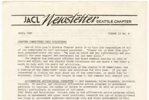 Seattle Chapter, JACL Reporter, Vol. XXII, No. 4, April 1985 (ddr-sjacl-1-346)
