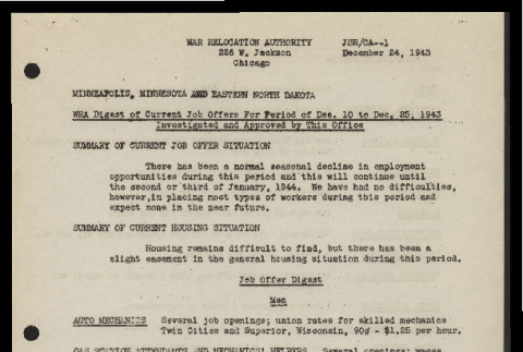 WRA digest of current job offers for period of Dec. 10 to Dec. 25, 1943, Minneapolis, Minnesota and Eastern North Dakota (ddr-csujad-55-804)