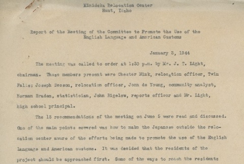 Report of the Meeting of the Committee to Promote the Use of English Language and American Customs (ddr-densho-156-142)