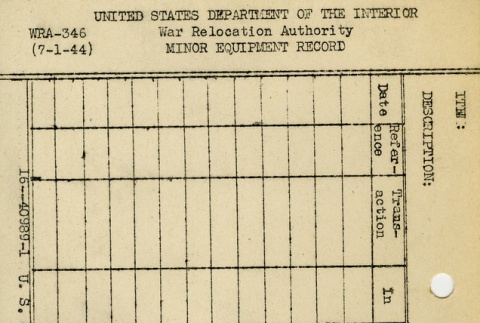 War Relocation Authority form: Minor Equipment Record (ddr-densho-155-33)