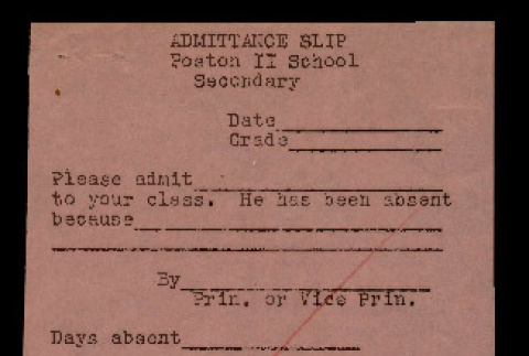 Admittance slip, Poston II School Secondary (ddr-csujad-55-1753)