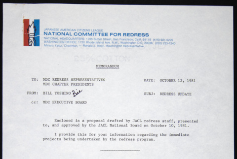 Memo to MDC Chapter Presidents, MDC Redress Representatives from Bill Yoshino (ddr-chijacl-1-279)