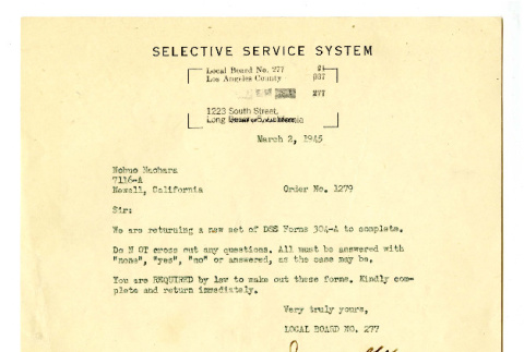Letter from Jennie G. Hermon, Clerk, Local Board No. 277, Selective Service System, to Nobuo Naohara, March 2, 1945 (ddr-csujad-38-573)