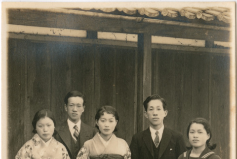 Two men and three women standing in front of building (ddr-densho-426-1971)