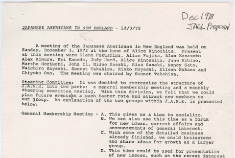 Minutes of 12/3/78 J.A.N.E. (Japanese Americans in New England) meeting (ddr-densho-523-727)