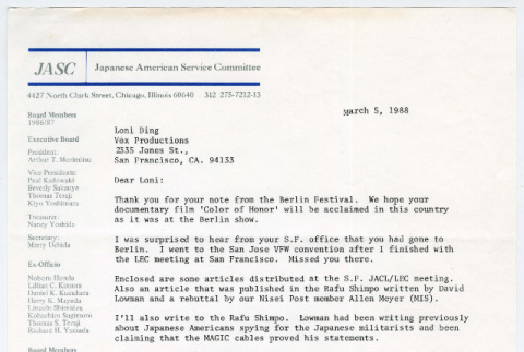 Letter from Arthur T. Morimitsu to Loni Ding (ddr-densho-1007-1112)