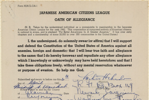 JACL Oath of Allegiance for Mikio Hikido (ddr-ajah-7-56)