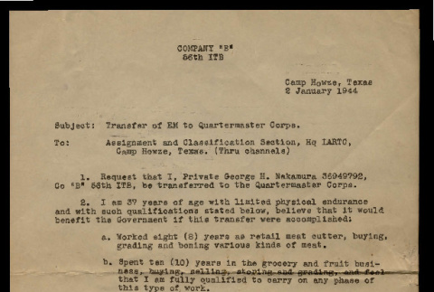 Letter from George Nakamura to Assignment and Classification Section, January 2, 1944 (ddr-csujad-55-2360)