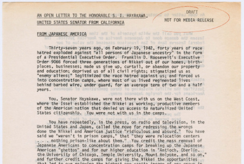 Draft of Open Letter to the Honorable S.I. Hayakawa (ddr-densho-122-35)