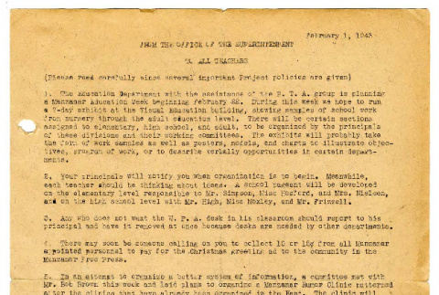 Memorandum from the Office of the Superintendent to all teachers, February 1, 1943 (ddr-csujad-48-107)