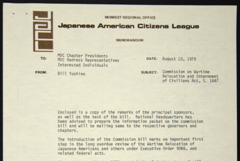 Memo to MDC Chapter Presidents and Redress Representatives from Bill Yoshino (ddr-chijacl-1-228)