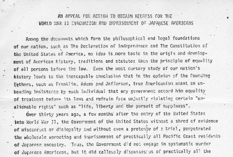 An Appeal for Action to Obtain Redress for the World War II Evacuation and Imprisonment of Japanese Americans (ddr-densho-274-154)