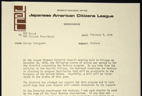 Memo to MDC Board and Chapter Presidents from George Sakaguchi (ddr-chijacl-1-236)