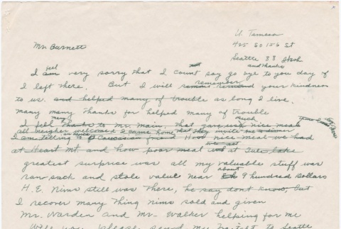 Letter from Uhachi Tamesa to Mr. Burnett (ddr-densho-333-23)