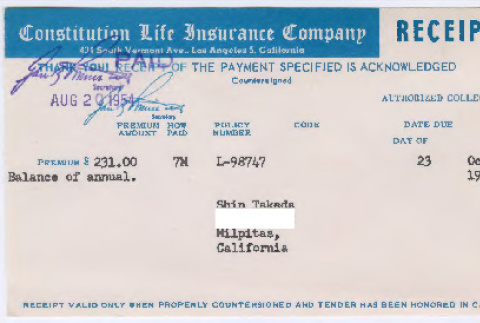 Constitution Life Insurance Company premium (ddr-densho-501-119)