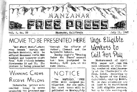 Manzanar Free Press Vol. I No. 35 (July 11, 1942) (ddr-densho-125-35)