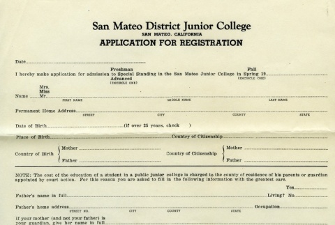 San Mateo Junior College application (ddr-densho-188-3)