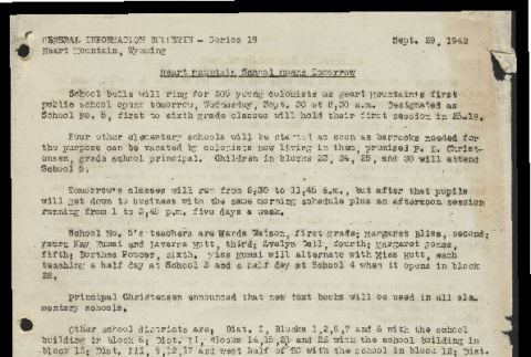 General information bulletin (Cody, Wyo.), series 19 (September 29, 1942) (ddr-csujad-55-652)