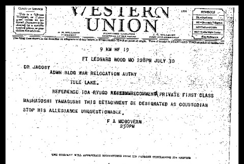 Western Union telegram from F.A. McGovern to Dr. Jacoby, July 30, 1942 (ddr-csujad-55-2241)