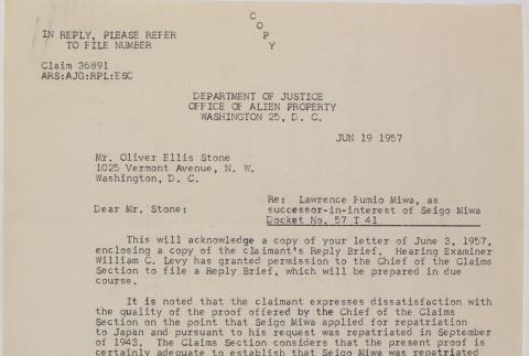 Letter from Arthur Schor, Office of Alien Property to Oliver Ellis Stone (ddr-densho-437-99)