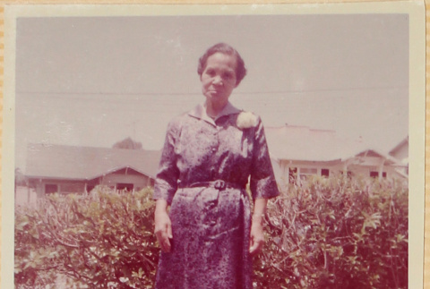 Woman standing by hedge (ddr-densho-522-47)