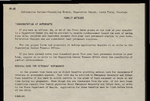 Information series (Lowry Field, Colorado), no. 4-MS (September 1945): Family affairs (ddr-csujad-55-2161)