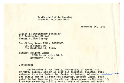 Letter from Seiichi Okine to Office of Dependency Benefits, November 26, 1945 (ddr-csujad-5-103)