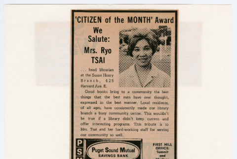 Capitol Hill Times: 'Citizen of the Month' Award: We Salute: Mrs. Ryo Tsai (ddr-densho-446-446)