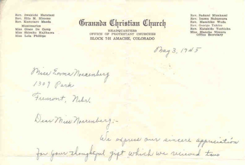 Thank you letter from the Granada Christian Church (ddr-densho-157-183)