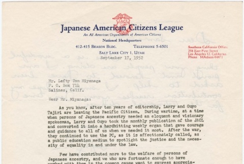Letter adding a contribution to the gift fund for Larry and Guyo Tajiri (ddr-densho-338-375)