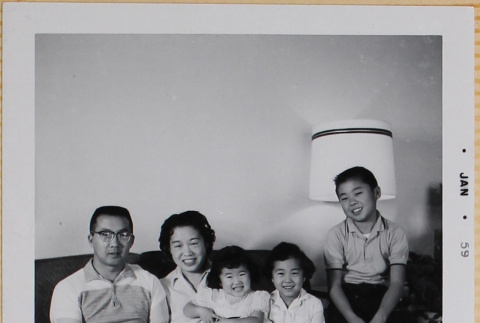 Hardy, Yoshiko, William, Susan and Leslie Shiomi with unidentified woman (ddr-densho-522-507)