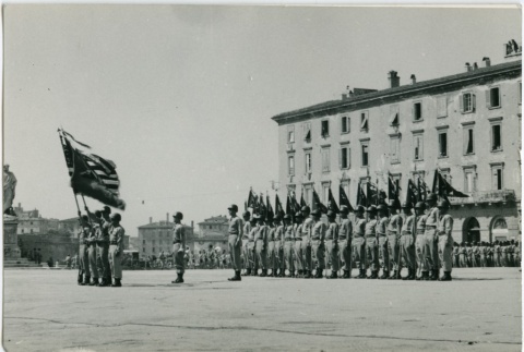 Soldiers in formation carrying flags (ddr-densho-201-50)