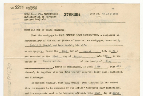 Satisfaction of Mortgage for property owned by Rudolf and Lena Maedel (ddr-densho-474-99)