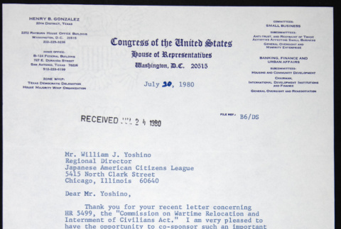 Letter to William Yoshino from Henry Gonzalez (ddr-chijacl-1-333)