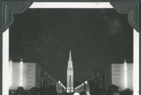 Night view of a tower and fountain at the Golden Gate International Exposition (ddr-densho-300-180)