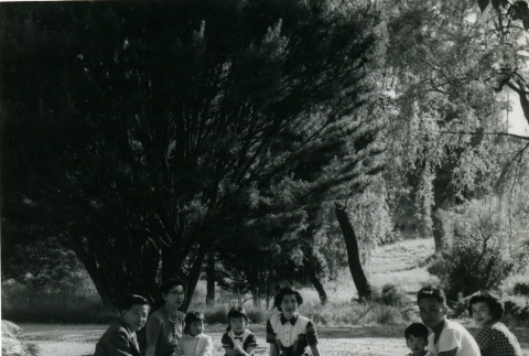 Reverend Ai Chi Tsai, his wife Ryo, their daughters Bi-Sim and Bi Hoah.  May Kubota Yano, Atsuko Hokari, George Yano, and Mike Yano (ddr-densho-354-1981)