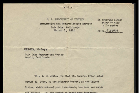 Letter from Ivan Williams, Officer in Charge, United States Department of Justice to Sadae Hirota, March 1, 1946 (ddr-csujad-55-1899)