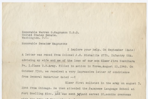 Draft of letter to Senator Warren G. Magnuson from Elmer Yoshihara's parent(s) (ddr-densho-332-52)