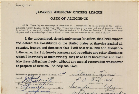 JACL Oath of Allegiance for Tatsumi Tajima (ddr-ajah-7-131)