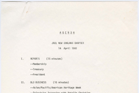Agenda for New England Chapter of the JACL 4/14/1981 meeting with attached memo (ddr-densho-523-767)