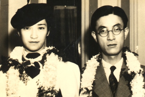 Man and woman wearing leis (ddr-njpa-4-2246)
